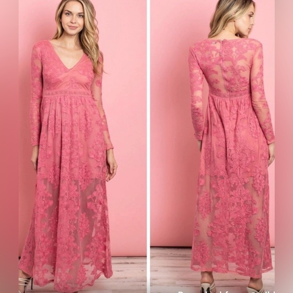Dresses & Skirts - pink lacey embroidered sheer sleeve and back maxi‎ dress nwt